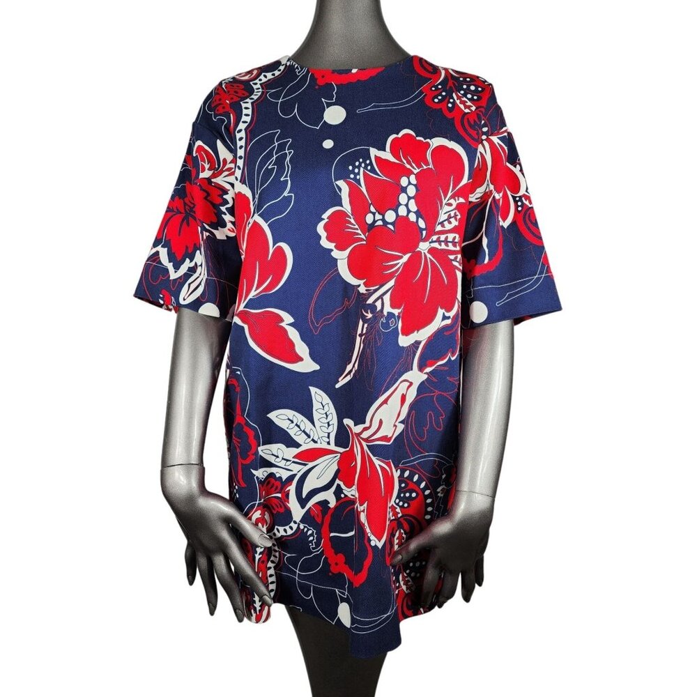 Marlene Birger Tunic Top Floral Red Blue White Shortsleeve Shirt 4 34